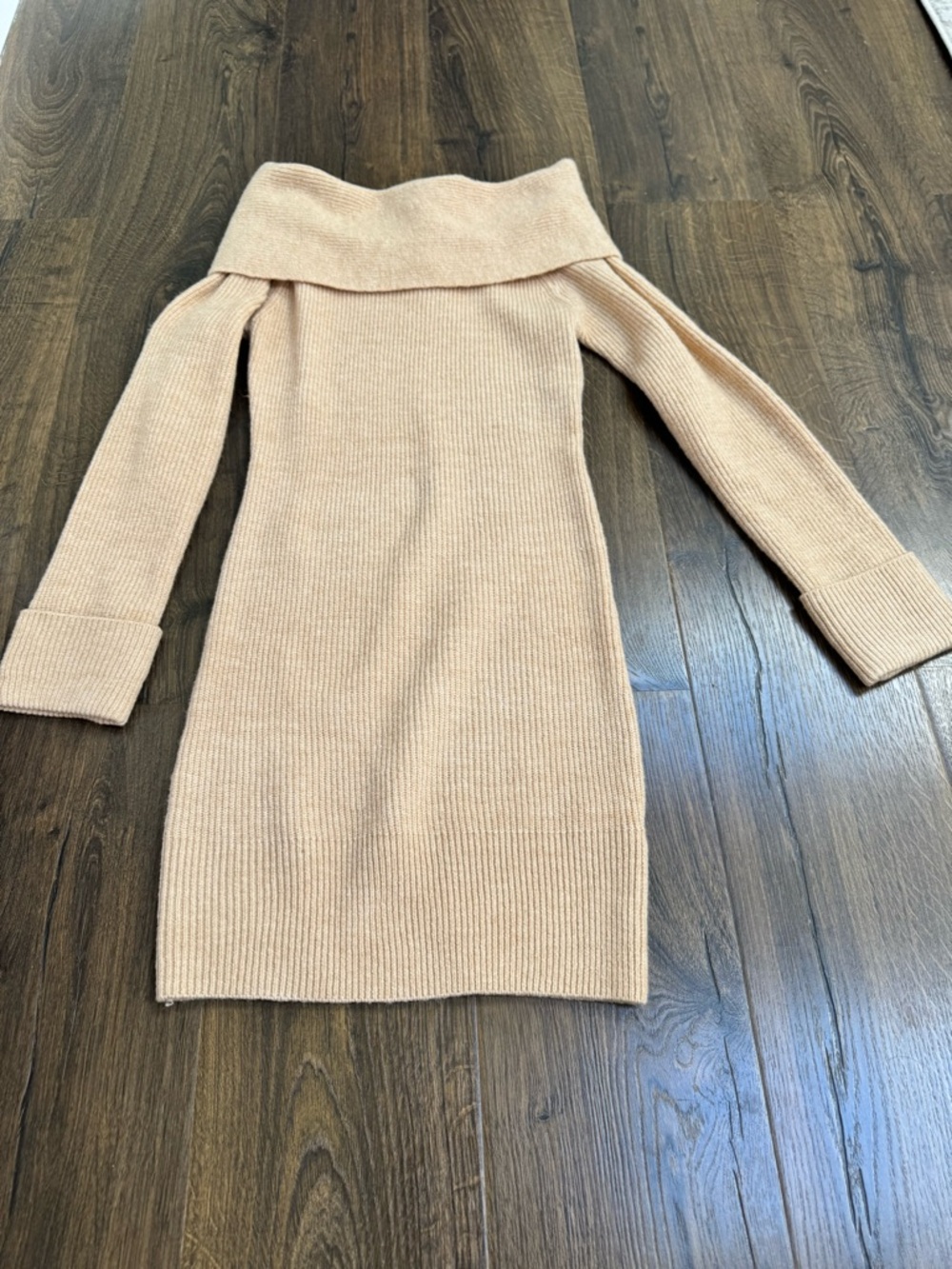 Off-Shoulder Long Sleeve Rib Knit Sweater Dress in Beige
